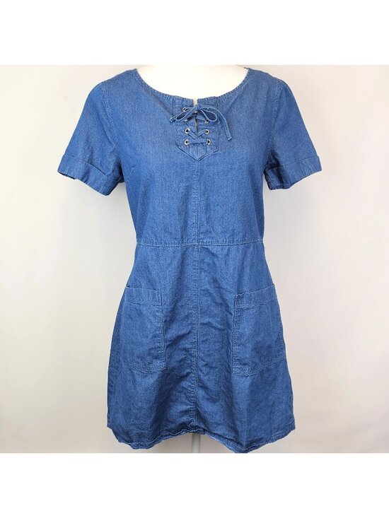 Eclipse Dresses & Skirts - Eclipse S Denim Mini Dress 100% Cotton Blue Shift Pockets Indie Western Y2k